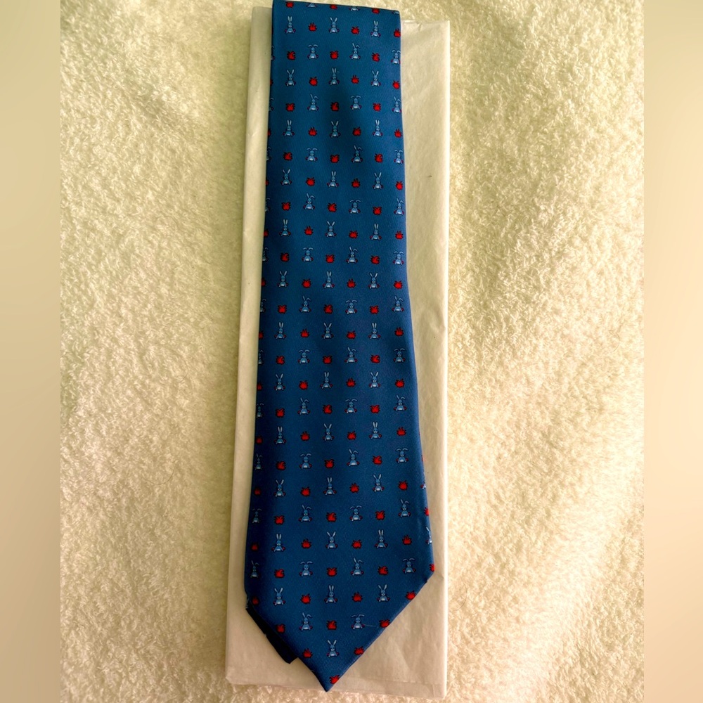 Hermes Blue and Red Silk Tie with Bunny Pattern